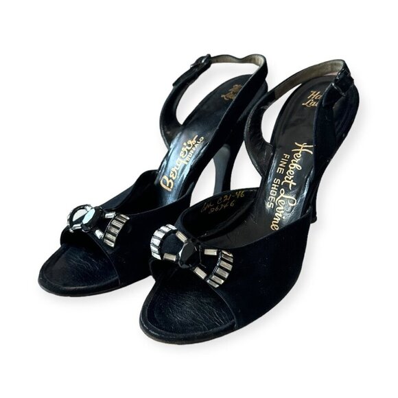 Vintage Herbert Levine Black Suede Rhinestone Bow Slingback Heels 1940-50s Sz 6M